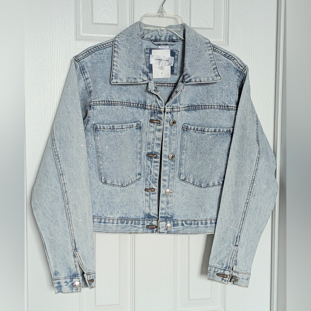 NWT Ronny Kobo Womens Indigo Wash Glitter/Sparkle Jean/Denim Jacket